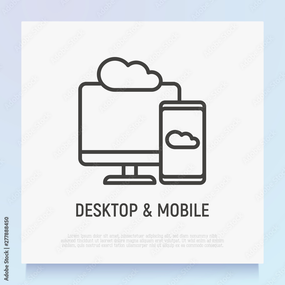 Poster cloud computing thin line icon: smartphone sync with desktop. modern vector illustration.