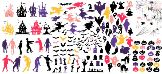 Tuinposter Collection of halloween silhouettes icon and character., witch, creepy and spooky elements for halloween decorations, silhouettes, sketch, icon, sticker. Hand drawn vector illustration - Vector © 9george