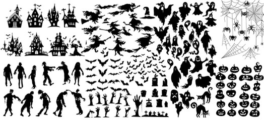 Collection of halloween silhouettes icon and character., witch, creepy and spooky elements for halloween decorations, silhouettes, sketch, icon, sticker. Hand drawn vector illustration - Vector