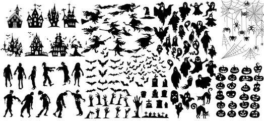 Fotobehang Collection of halloween silhouettes icon and character., witch, creepy and spooky elements for halloween decorations, silhouettes, sketch, icon, sticker. Hand drawn vector illustration - Vector © 9george