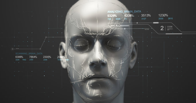 Futuristic Bionic Robot Face With HUD Data - Technology Related 3D Illustration Render