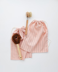 Wooden Massage Brush on Pink Striped Knotted Pouch