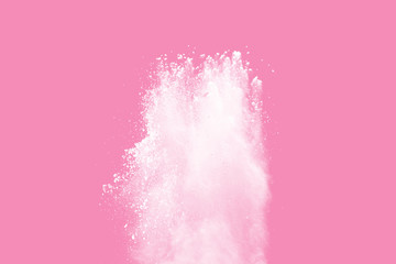White powder explosion on pink background. White dust splash cloud on pink background.