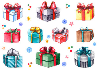 Set of colorful gift boxes, stars, snowflakes and confetti. Watercolor isolated on white background.