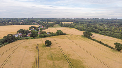 Fototapeta premium An aerial view of a scenic rural village in the middle of a crop field under a majestic blue sky and white clouds