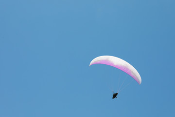 Skydiver with a white-pink parachute flies across the blue sky