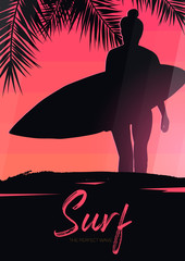 Surfer Girl with surfboard on colorful gradient background with palm leaves.
