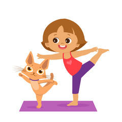 Cartoon Girl In Yoga Pose With Cute Cat. Kids Practicing Yoga Icon. Vector Illustration. Cute Girl And Cat Practices Yoga On White Background.