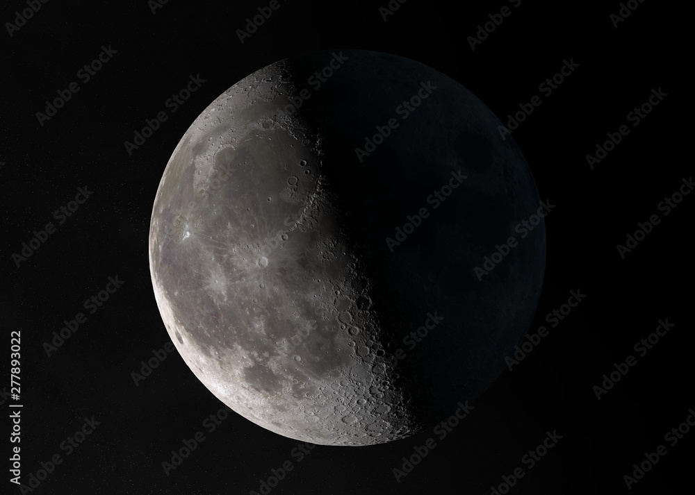 Poster View of an half moon in space with stars 3D rendering elements of this image furnished by NASA