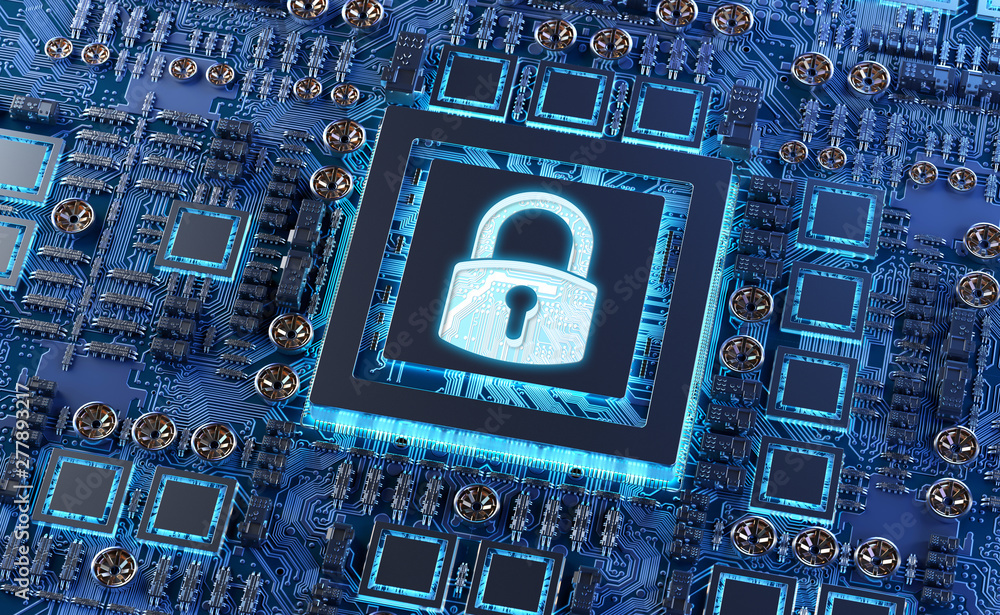 Leinwandbilder close-up view of a modern gpu card with padlock protection 3d rendering