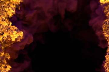 Naklejka premium Fire 3D illustration of gothic blazing wild fire frame isolated on black background with heavy smoke - top and bottom are empty, fire lines from sides left and right