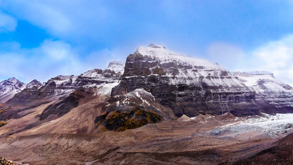 View of the Mountains surrounding the moraines of Victoria Glacier on the hiking trail to the Plain of Six Glaciers at Lake Louise in Banff National Park, Alberta, Canada