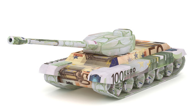 Euro Tank. Money origami. Tank made from Euro bill. War relation concept. 3D illustration