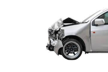 Front of light gray color car damaged and broken by accident on road parking can not dirve any...