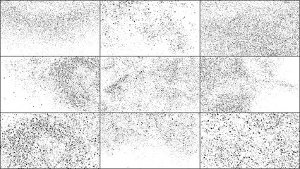 Set of Black Grainy Texture Isolated on White Background. Dust Overlay Textured. Dark Rough Noise Particles. Widescreen 16 : 9. Vector Design Elements, Illustration, EPS 10.