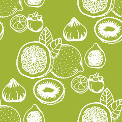 lemon, figs, kiwi, mangosteen tropical fruits seamless pattern