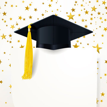 Graduate Cap with  Diploma on the Background of Gold Stars