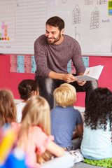 Male Teacher Reading Story To Group Of Elementary Pupils In School Classroom