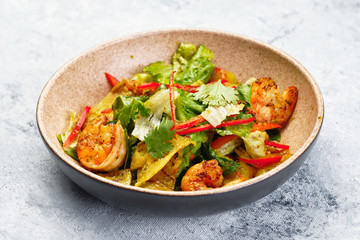 Cooked Healthy Salad with Fried Shrimp Red Paprika