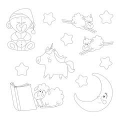 Black and white cartoon characters set.