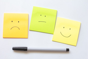 Sticky note face happy and sad.Post it emotion.Choose feedback,