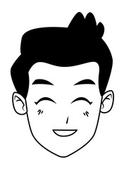 Young man face smiling cartoon in black and white