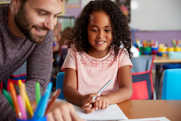 Elementary School Teacher Giving Female Pupil One To One Support In Classroom