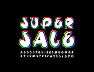 Vector bright original poster Super Sale with Uppercase Alphabet. Handwritten trendy Font. Creative colorful Letters and Numbers