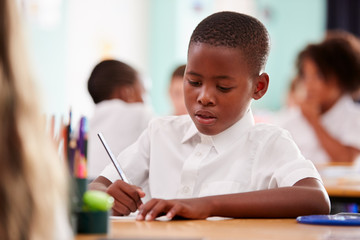 Male Elementary School Pupil Wearing Uniform Working At Desk