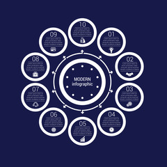 Monochrome circles in a circle. Pattern for infographic 10 positions. Dark blue