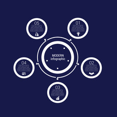 Monochrome circles in a circle. Pattern for infographic 5 positions. Dark blue