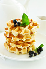Homemade waffles with a sprig of currants. White background.