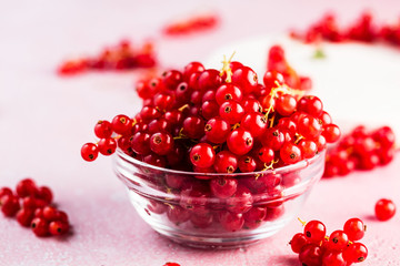close-up view of fresh red currants in glass bowl on pink background
