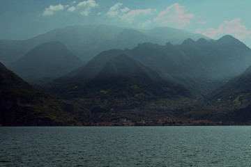 lake and mountains,sky, landscape,clouds,mist,summer,green,nature, panorama, n,