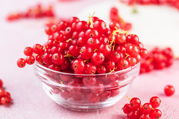 close-up view of fresh red currants in glass bowl on pink background