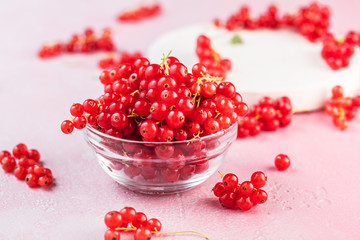 close-up view of fresh red currants in glass bowl on pink background