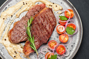 Fresh Cooked Meat on Metallic Plate Sliced Tomato