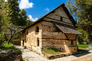 Fototapeta na wymiar View of the church of Agios Nikolaos tis Stegis, a listed UNESCO World Heritage Site on the Troodos range in Kakopetria, Cyprus