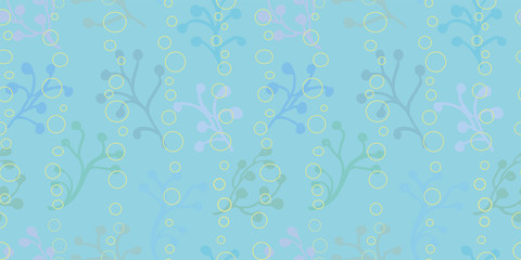 Blue vector repeat pattern with seaweed and air bubble . Summer beach pattern. Surface pattern design.