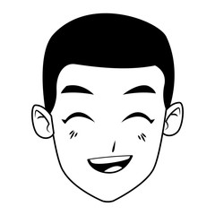 Young man face smiling cartoon in black and white