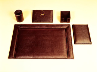 Desk sets contain matching or coordinated desk accessories.