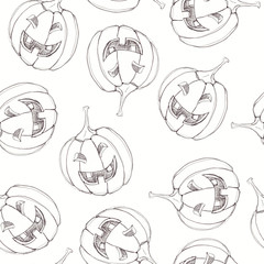 Hand drawn sketch seamless pattern background with illustration Halloween pumpkin