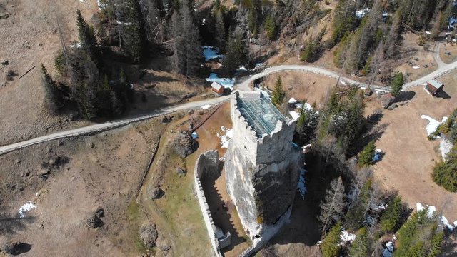 Castello di Andraz - view from the top on a beautiful sight - A landscape of the hills, forest and mountains - Dolomites, Italy