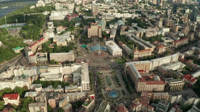 Kiev, Ukraine-July 2019: Independence Square in Kiev. Historical sights of Ukraine. Aerial view drone view