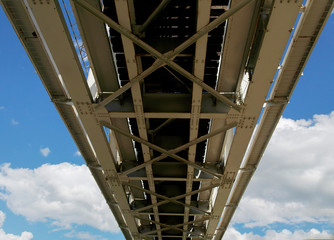 Bottom view of the railway bridge. Metal constructions of the railway bridge, the bottom view. Blue sky and white clouds