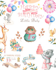 Fototapeta premium Watercolor cute Cartoon Owl. Cute baby greeting card. Boho flowers and floral bouquets Happy Birthday set. Watercolor greeting baby clip art on white background.