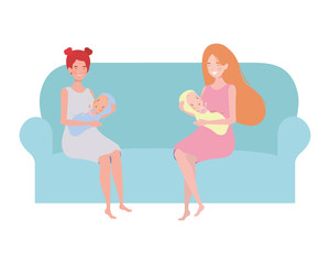 women sitting on the couch with a newborn baby in her arms