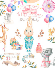 Watercolor isolated cute watercolor Bunny clipart. Nursery rabbit illustration. Baby poster. Trendy pink cartoon animal. Birthday invite card, Greeting, Celebration postcard. Beauty clip art