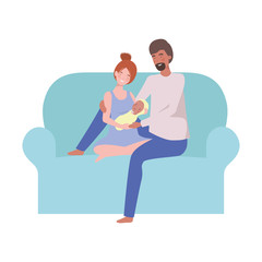 woman and man with newborn baby sitting on sofa