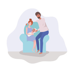 parents taking care of newborn baby in the couch